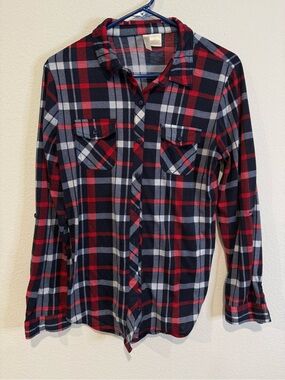 Bella D. Navy, Red and White Plaid Button-Up Shirt